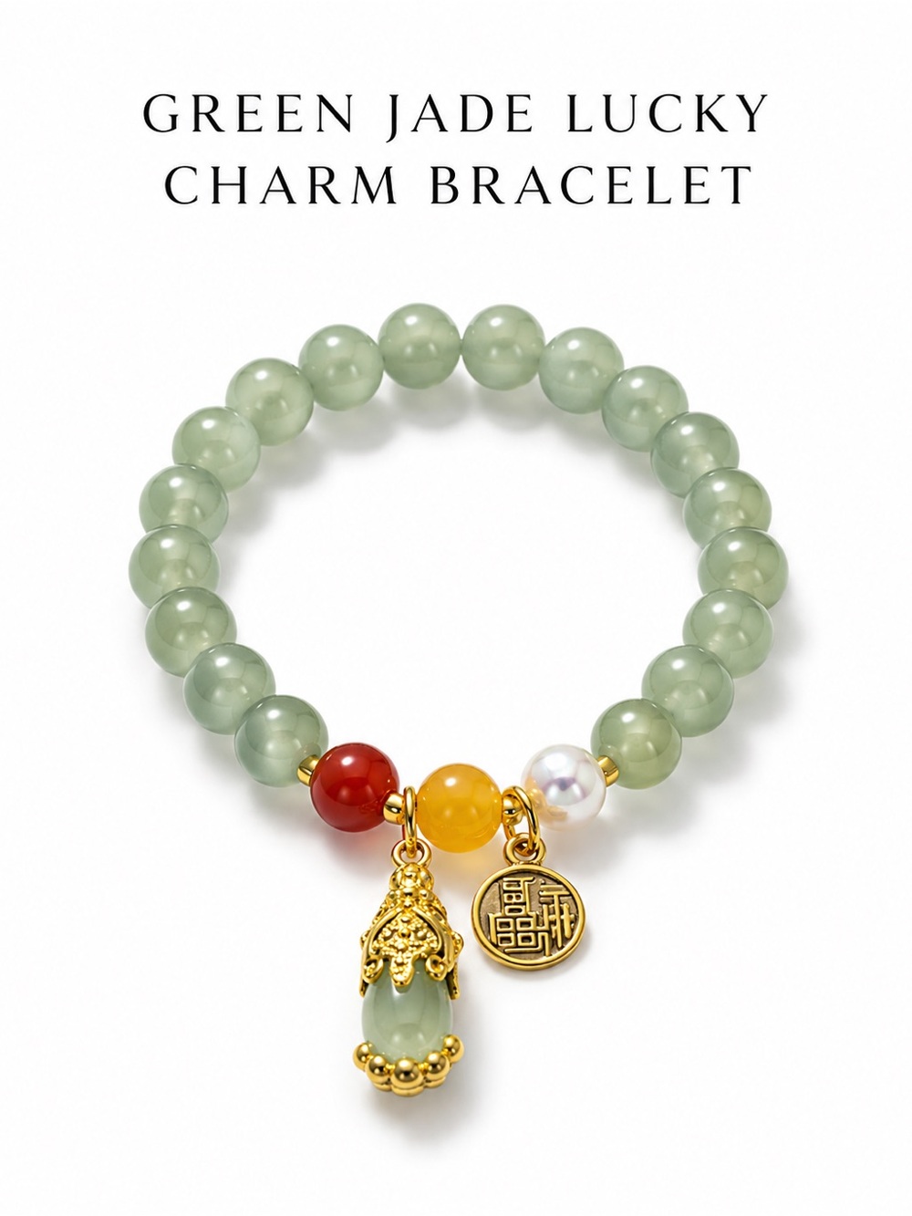 Green Jade Lucky Charm Bracelet with Gold Accents